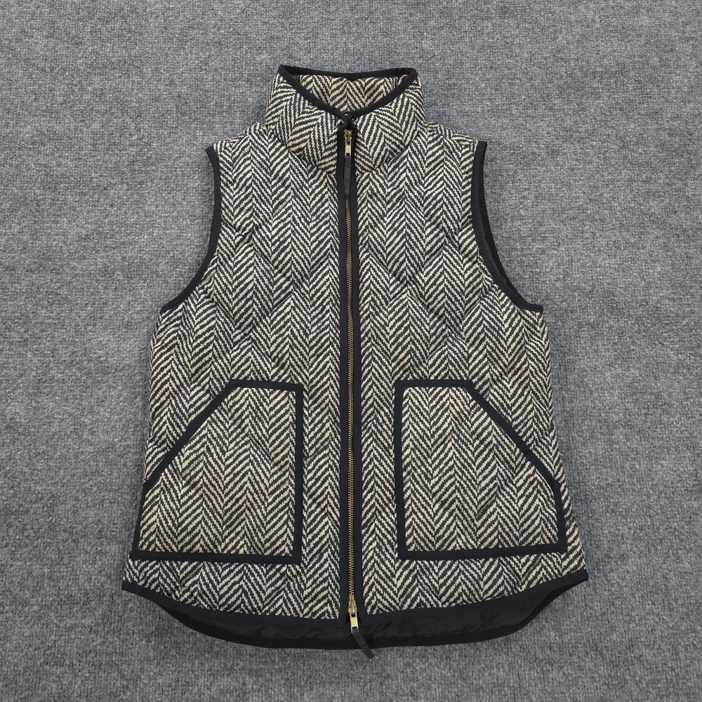 J Crew Vest Womens Small Black Tan Herringbone Excursion Quilted Puffer Down